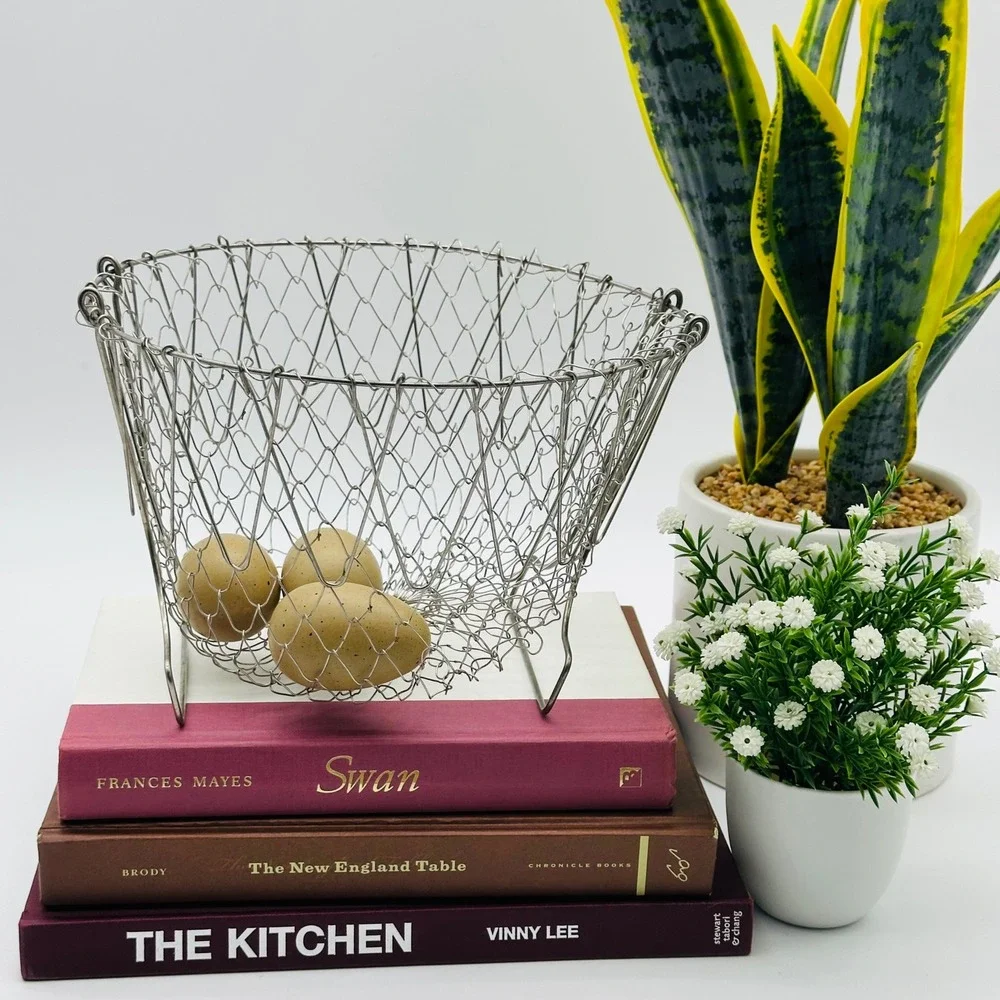 Vintage Wire Mesh Egg Basket Collapsible Silver Metal Kitchen Decor